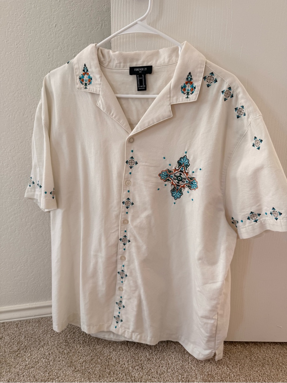 Forever 21 Cream Short-Sleeve Button Shirt with Teal & Brown Embroidery
